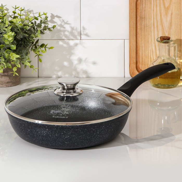 фото Сковорода, d=24 см, пластиковая ручка, стеклянная крышка, цвет тёмный мрамор nobrand