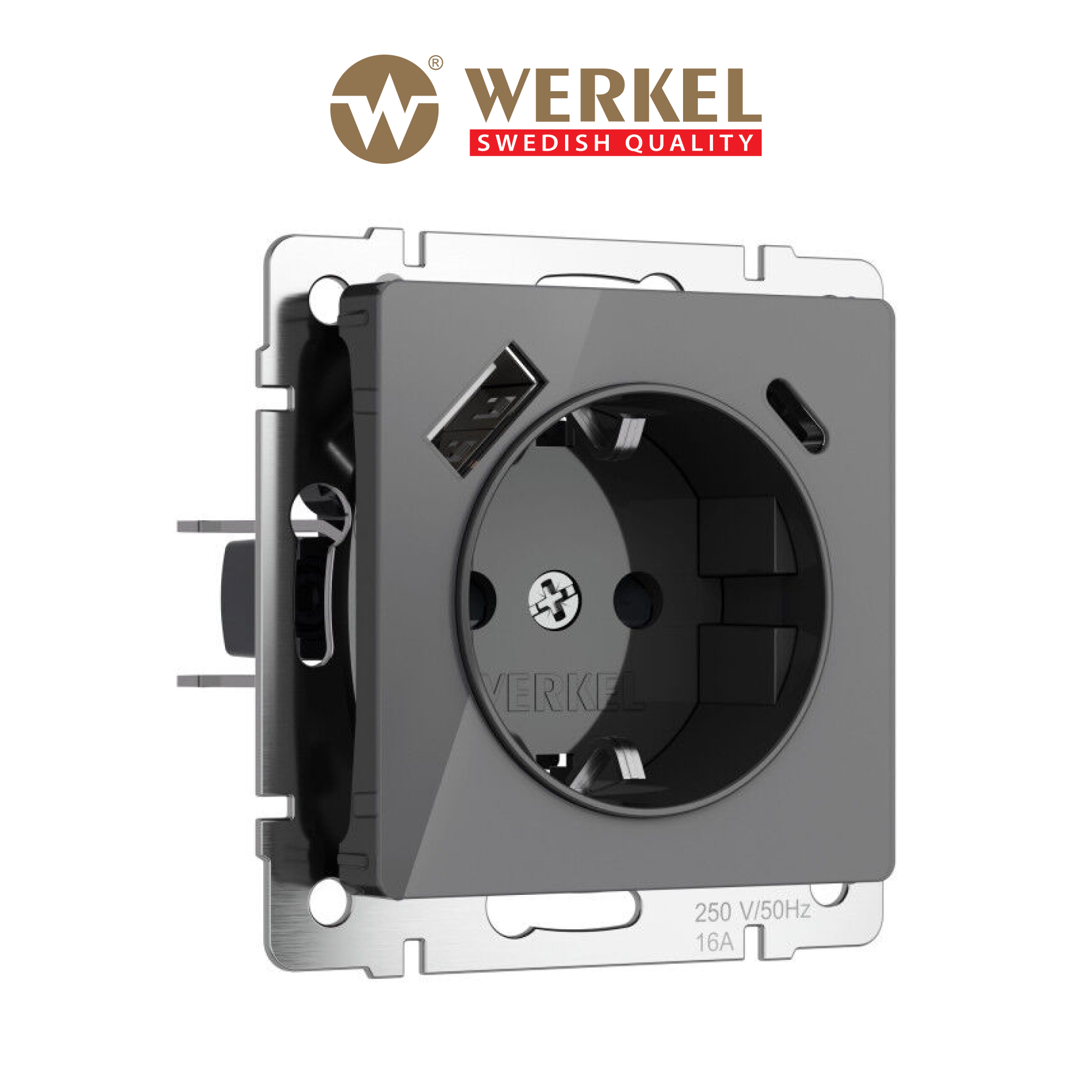 

Встр. розетка с заземлением, шторками и USB тип A+C Werkel W1171744 16 А акрил графит, Серый, Розетка с заземлением, шторками и USB тип A+C