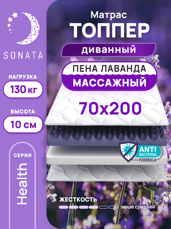 

Топпер-матрас беспружинный Sonata 70х200 см с массажным эффектом и лавандой, Белый, массажный с лавандой