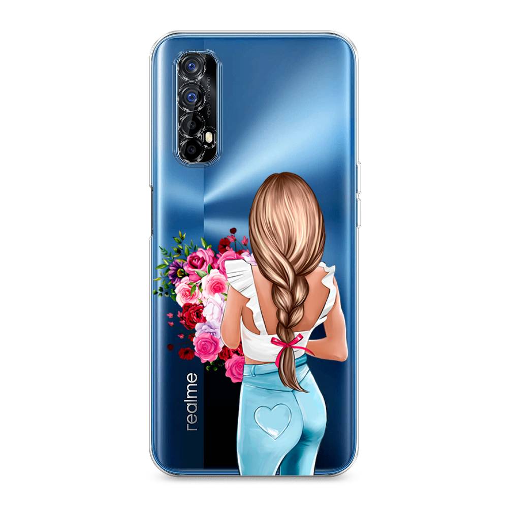 

Чехол на Oppo Realme 7 "Девушка с цветами", Коричневый;розовый;голубой, 254150-6