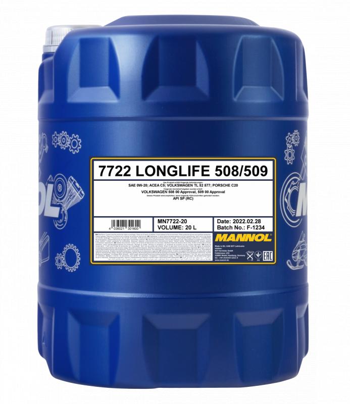 

Моторное масло синтетическое MANNOL LONGLIFE 508/509 7722, 20 л., 7722 Longlife 508/509 0W-20 20L