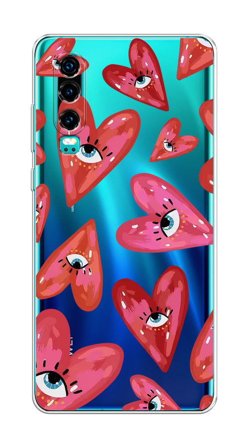 

Чехол на Huawei P30 "Сердечки с глазами", Коричневый;красный;розовый, 68550-1