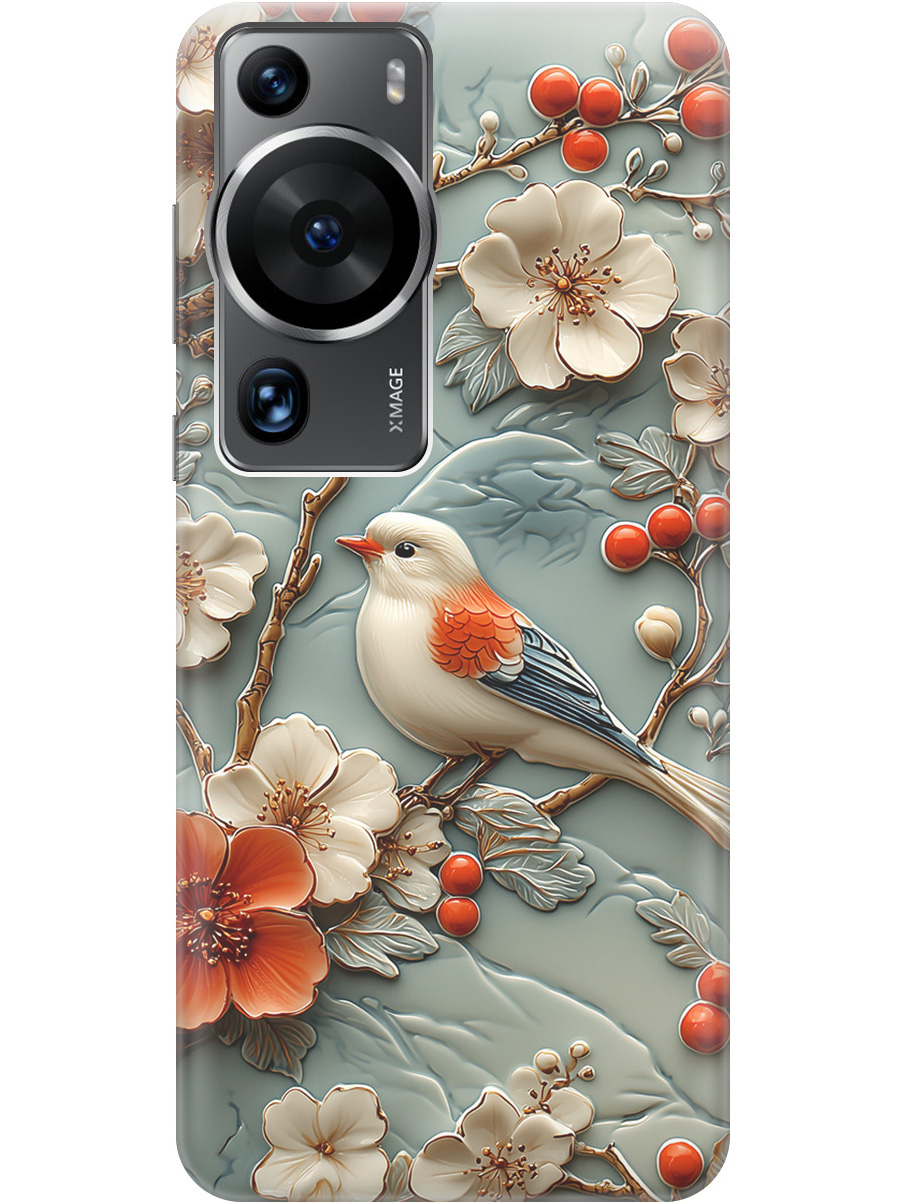 

Силиконовый чехол на Huawei P60 Pro с принтом "Птичка и рябина", Прозрачный;белый;красный, 772620823