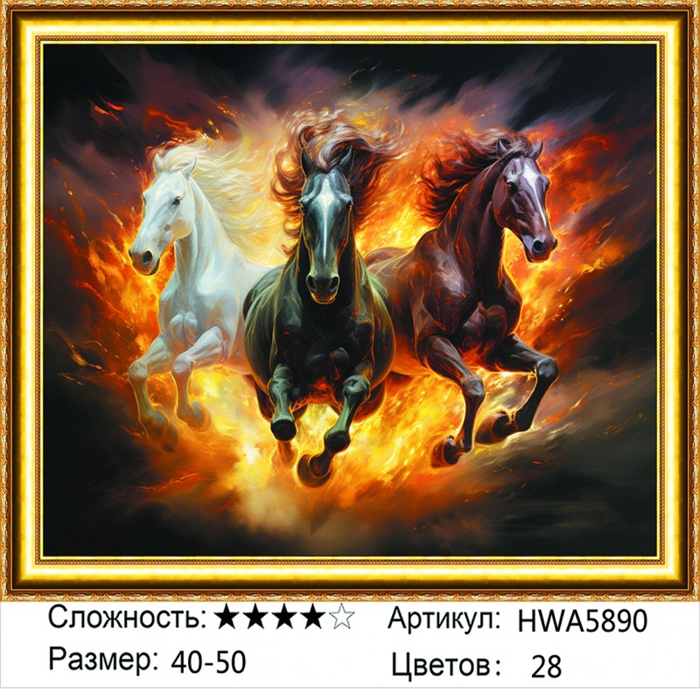 

Алмазная мозаика Тройка лошадей HWA5890, на подрамнике 40х50см, Тройка лошадей