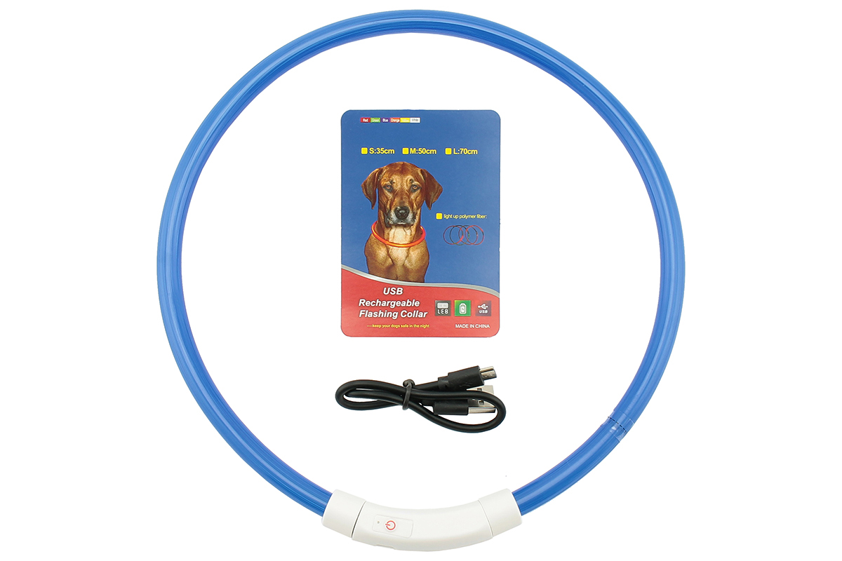 Ошейник светящийся для собак, обхват до 70см, синий USB провод