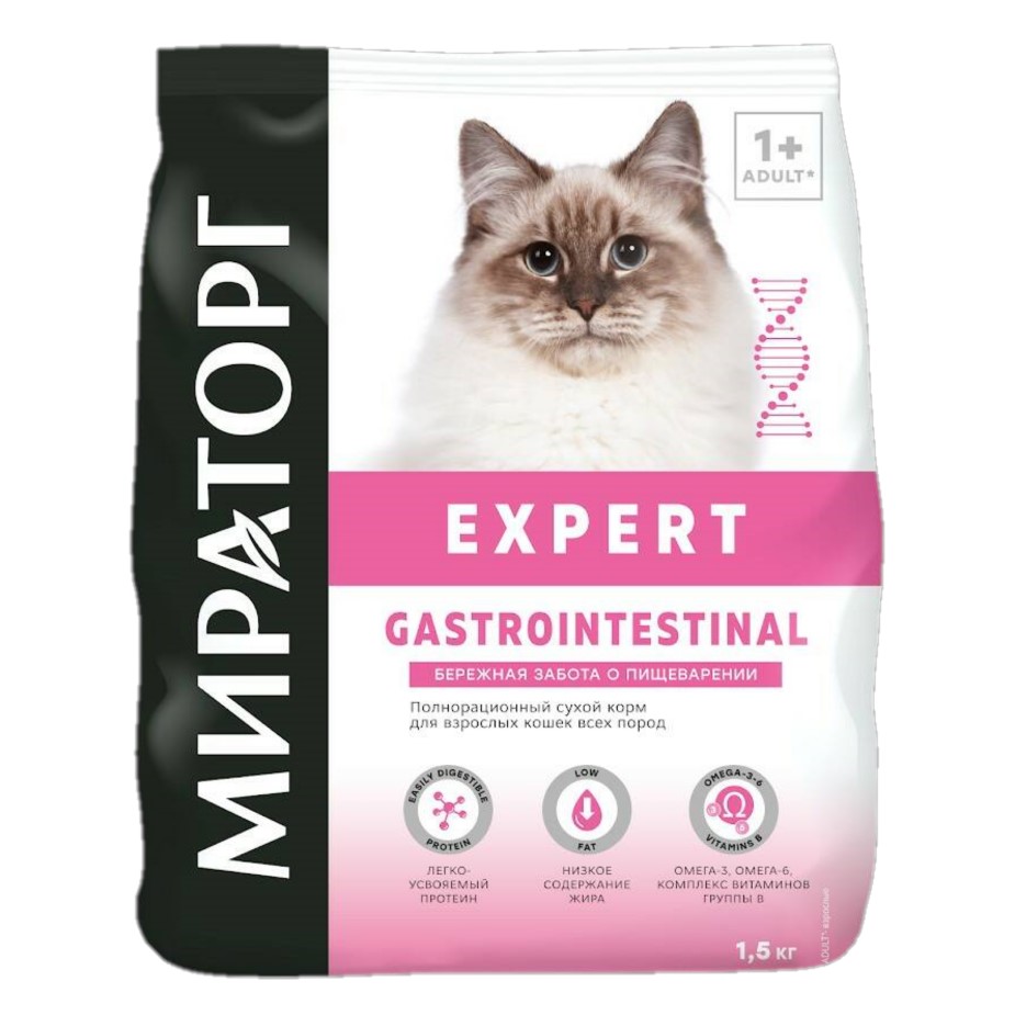 

Сухой корм для кошек Мираторг Expert Gastrointestinal, забота о пищеварении, 1,5 кг, МИРАТОРГ Expert Gastrointestinal Полнорационный сухой корм с курицей для взрослых кошек всех пород «Бережная забота о пищеварении» 1,5 кг