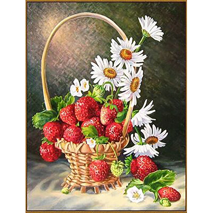 Алмазная мозаика «Корзинка с ромашками и клубникой», 20х26см, 27 цветов