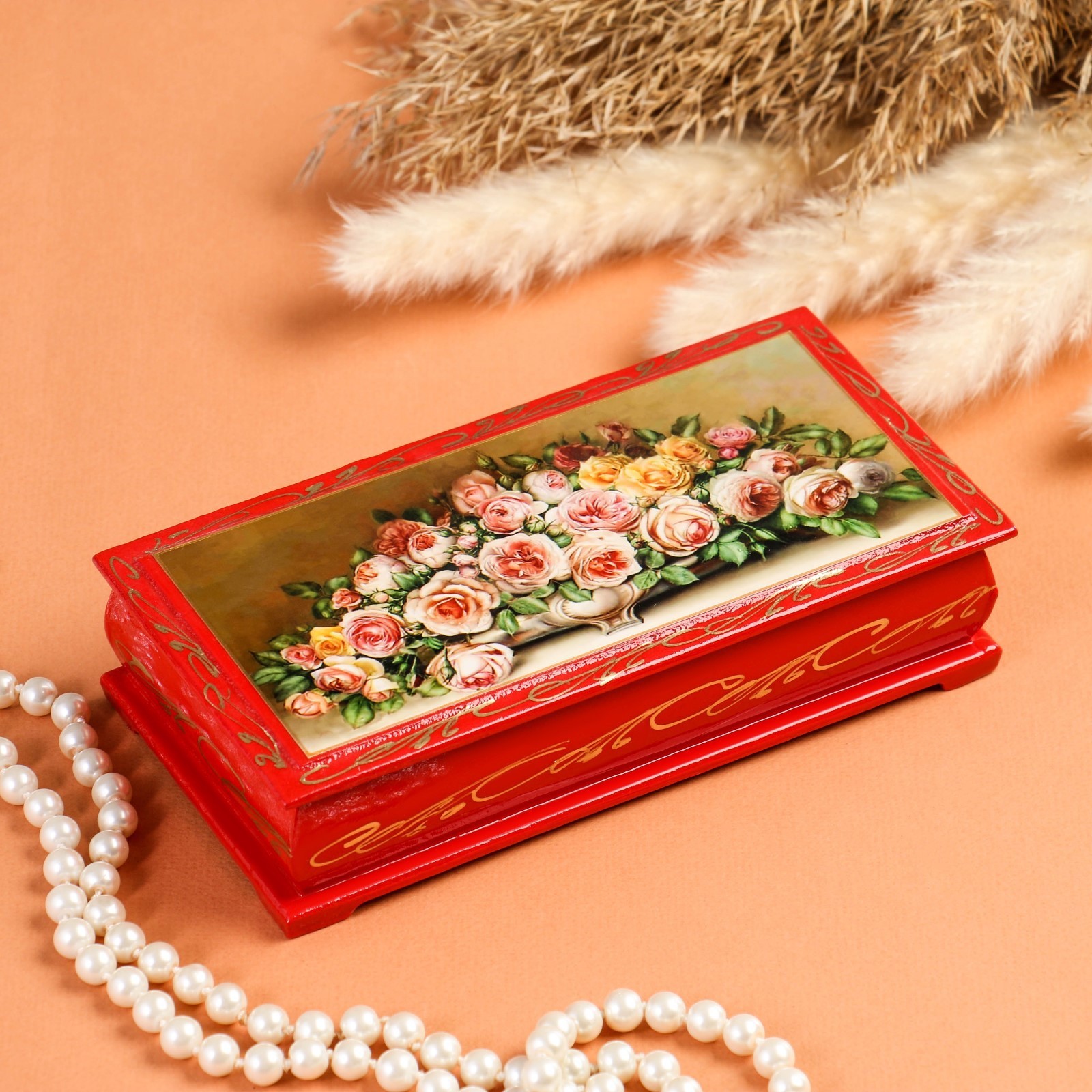Шкатулка - купюрница «Розы в вазе», красная, 8,5x17 см, лаковая миниатюра Sima-Land