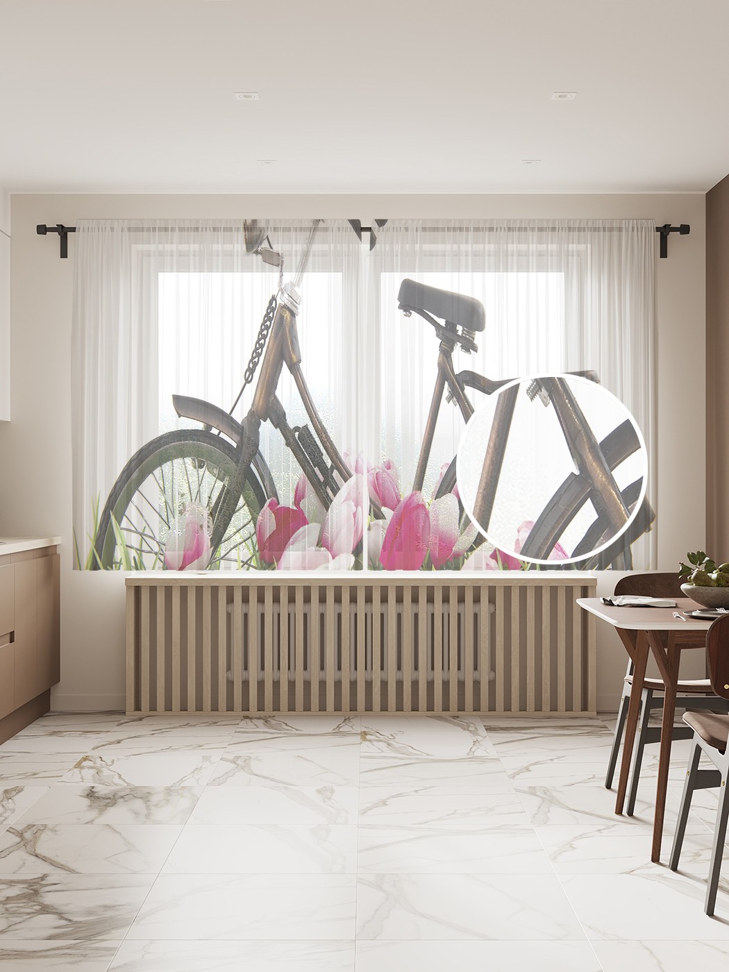 фото Фототюль joyarty "велосипед в цветах" 145x180см (2 полотна со шторной лентой + 50 крючков)
