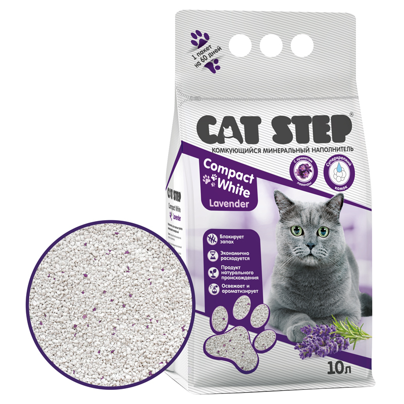 фото Наполнитель комкующийся минеральный cat step compact white lavender, 10 л