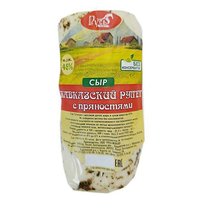 

Сыр рассольный Русь продукт Кавказский рулет с пряностями 45% 350 г