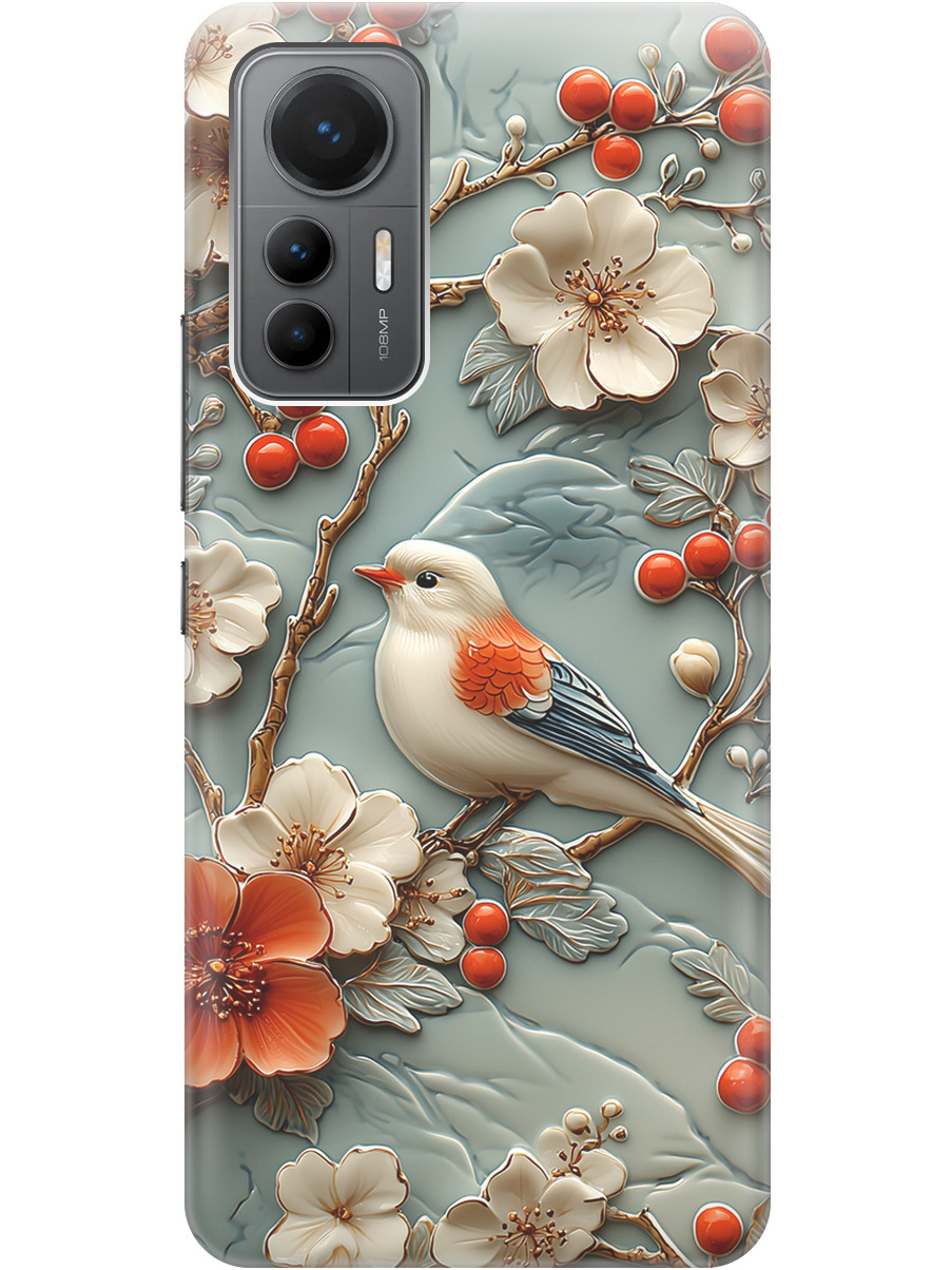 

Силиконовый чехол на Xiaomi 12 Lite с принтом "Птичка и рябина", Прозрачный;белый;красный, 740133323