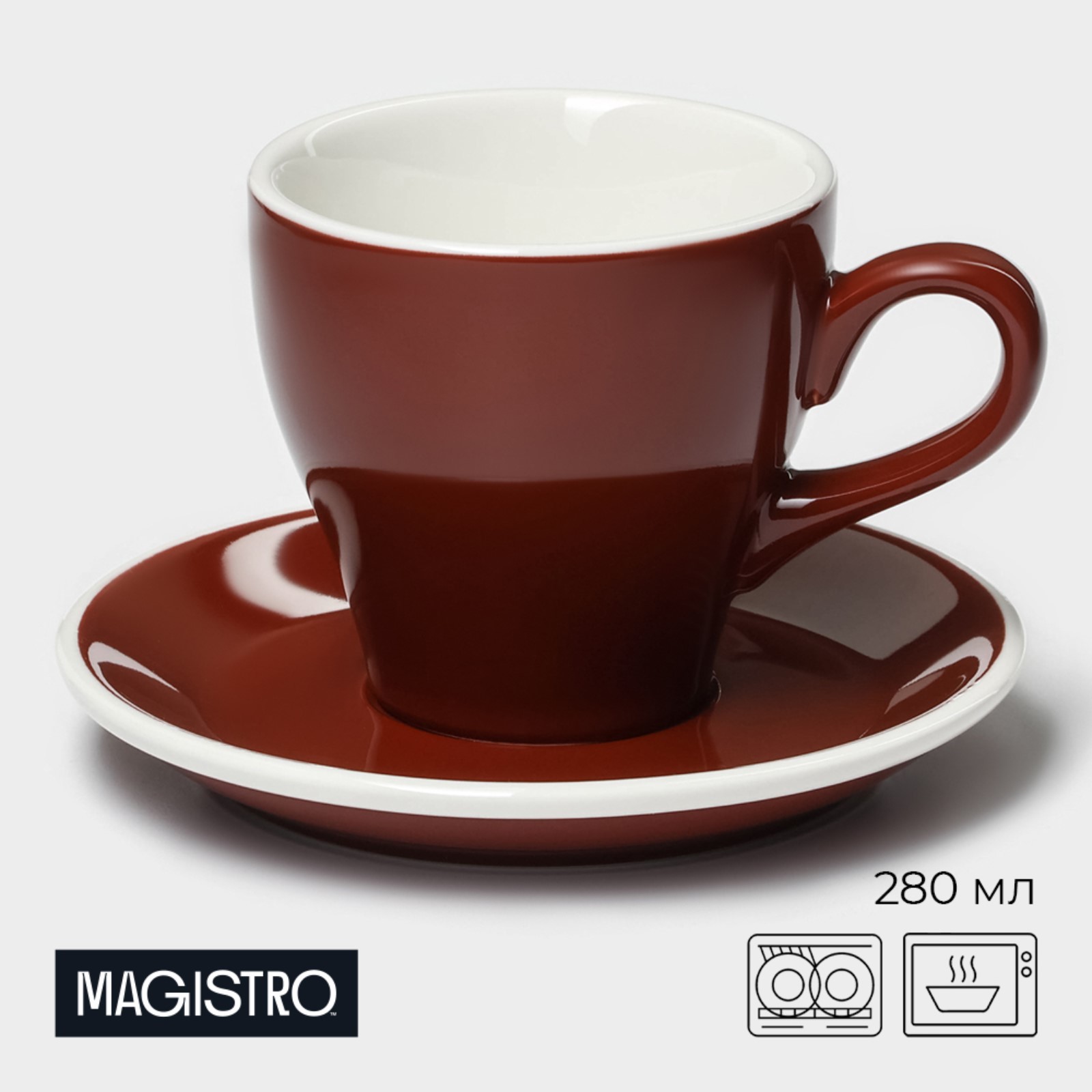 

Кофейная пара Magistro Coffee time 2 предмета чашка 280 мл и блюдце d 15.5 см, фарфор, Коричневый, "Coffee time"