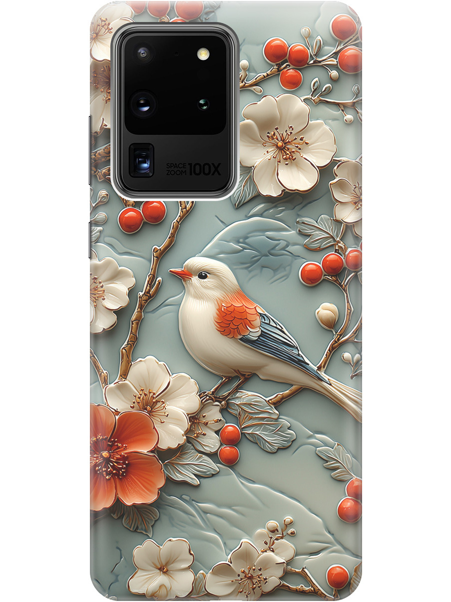 

Силиконовый чехол на Samsung Galaxy S20 Ultra с принтом "Птичка и рябина", Прозрачный;белый;красный, 722628623