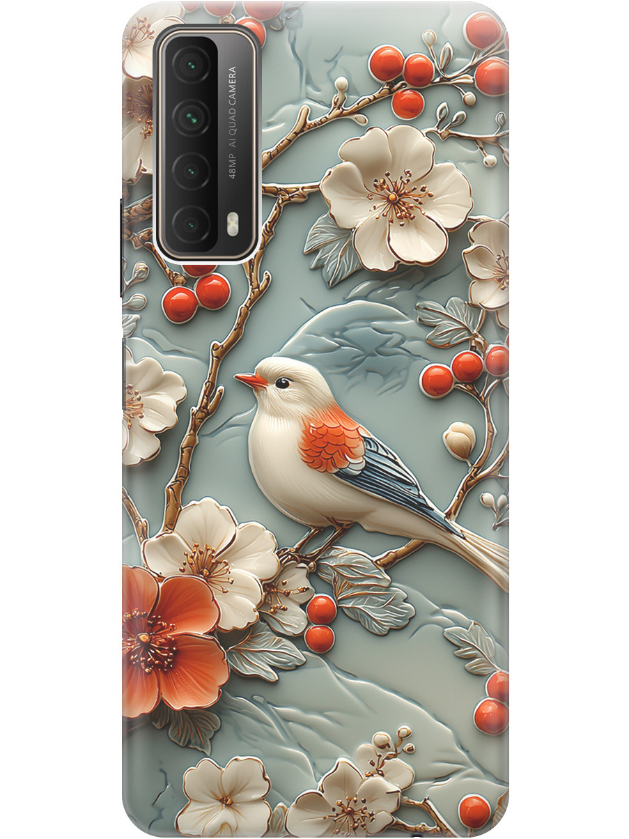 

Силиконовый чехол на Huawei P Smart (2021) с принтом "Птичка и рябина", Прозрачный;белый;красный, 723603023
