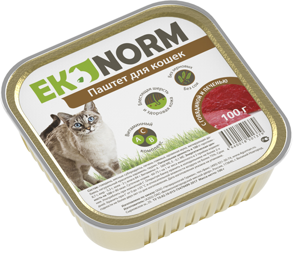 Консервы для кошек Ekonorm, паштет с говядиной и печенью, 24 шт по 100 г
