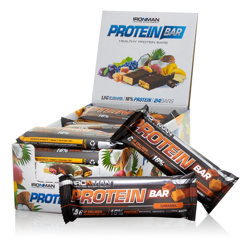 фото Батончик "ironman" "protein bar" с коллагеном, 50г (карамель/тёмная глазурь)(24шт)