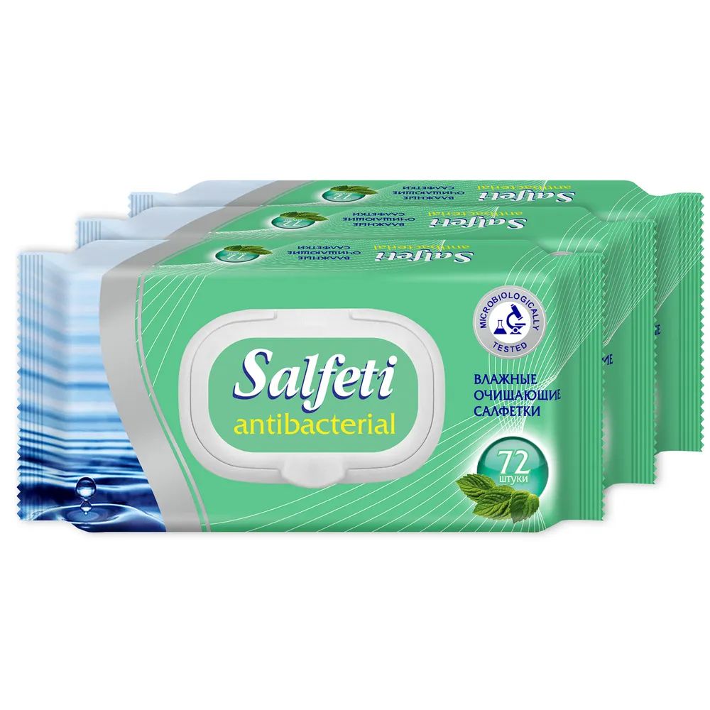 Влажные салфетки Salfeti антибактериальные с клапаном antibac №72 3 уп. салфетки спанлейс 30х40 см