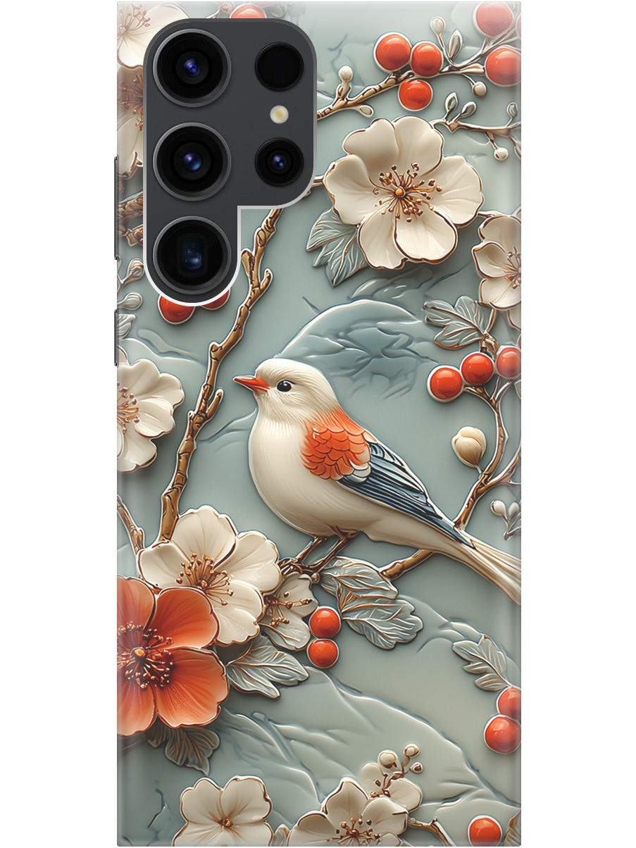 

Силиконовый чехол на Samsung Galaxy S23 Ultra с принтом "Птичка и рябина", Прозрачный;белый;красный, 767959423