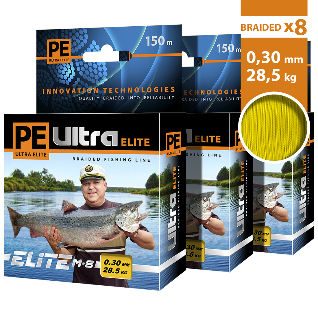 фото Плетеный шнур aqua pe ultra elite m-8 yellow 0,30mm 150m, test - 28,50kg (набор 3 шт)