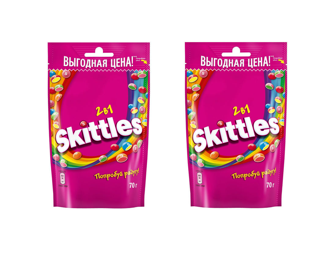 

Конфеты Skittles жевательные в сахарной глазури 2в1, 70 г х 2 шт
