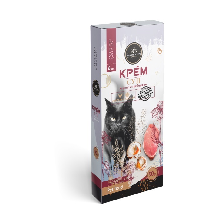 Лакомство для кошек SECRET FOR PETS крем-суп из курицы и морского гребешка, 6 шт по 15 г