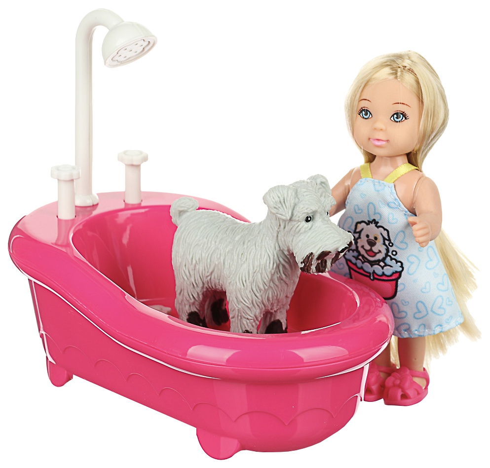 ИГРОЛЕНД Кукла с питомцем (меняет цвет) в ванной, 5 пр., 11,5см, ABS, ПВХ, 22х16х9см