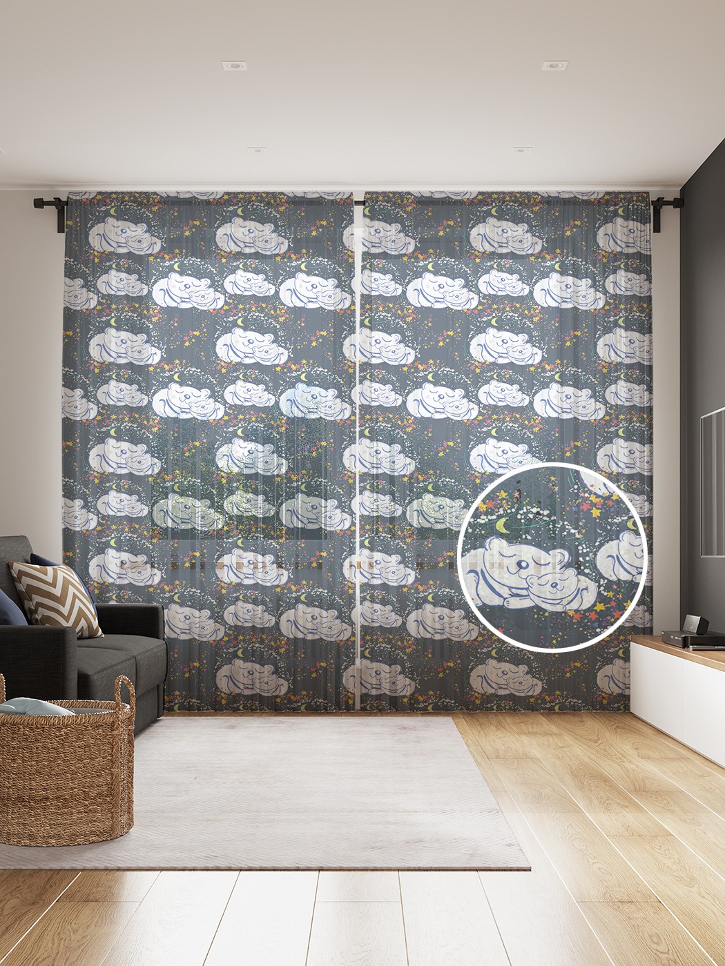 фото Фототюль joyarty "мешки в берлоге", 145x265см (2 полотна со шторной лентой + 50 крючков)