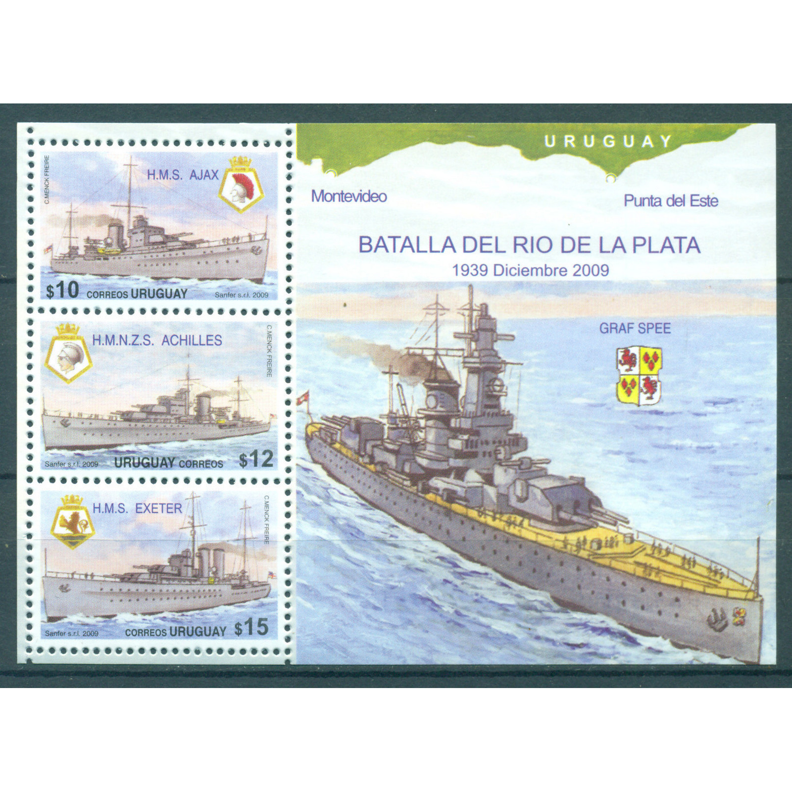 

Почтовые марки Уругвай 70-летие битвы на Ривер Плейт Корабли