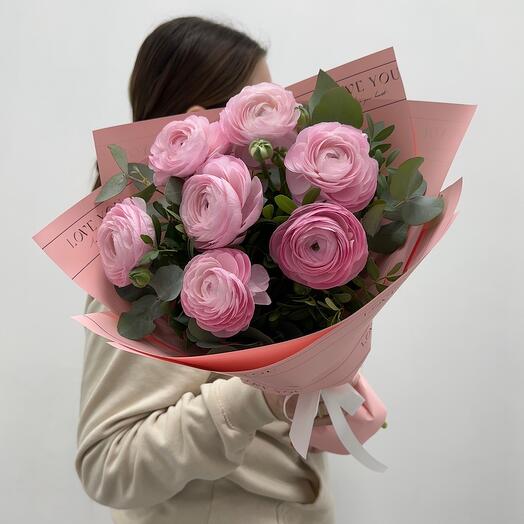 

Букет цветов, Boom Bouquet, рунункулюс и эвкалипт, 35см, 7шт, розовый