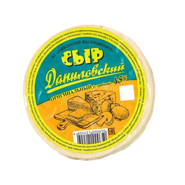 

Сыр полутвердый Даниловский маслосырзавод оригинальный с грибами 45% +-200 г