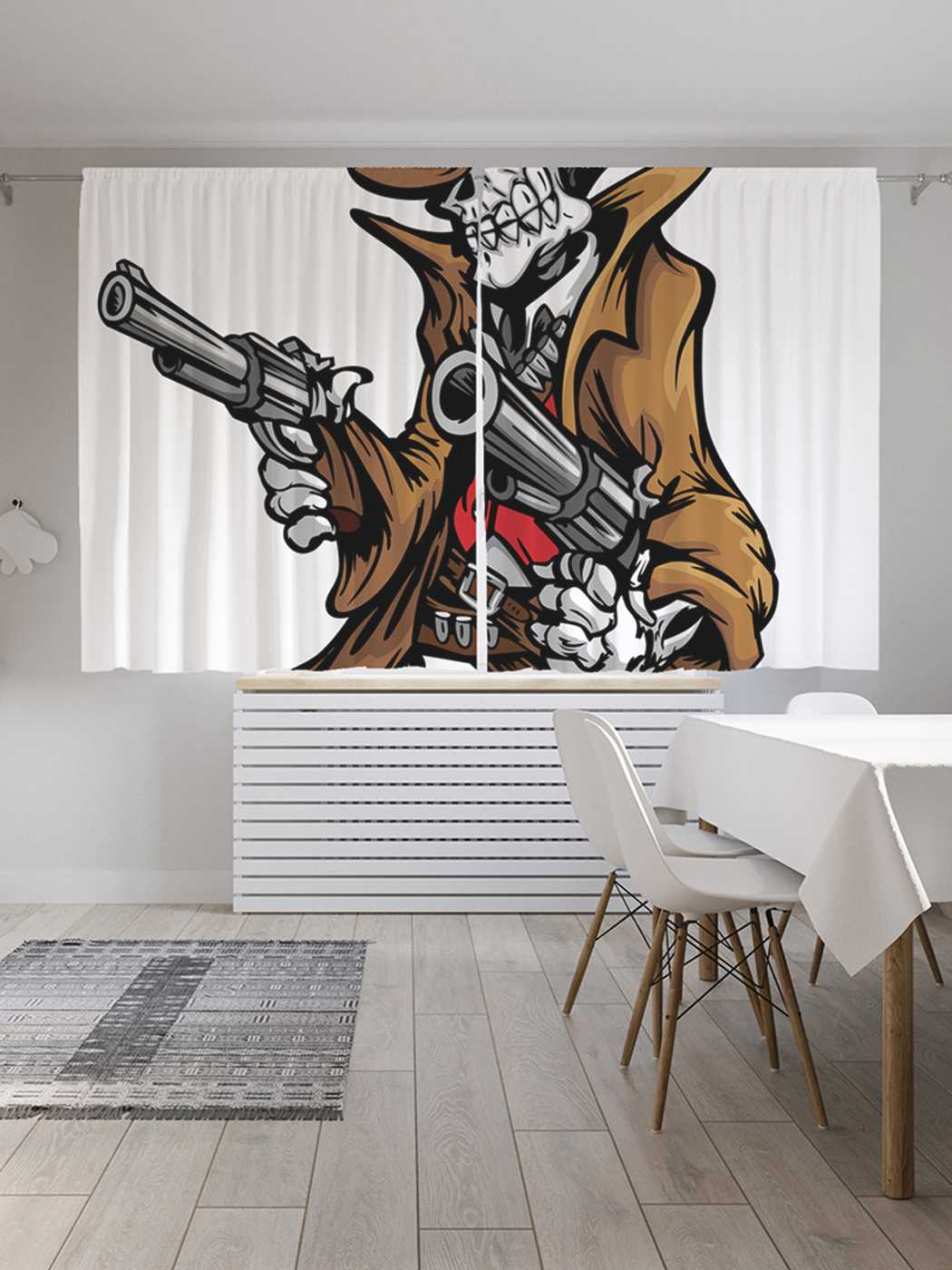 

Классические шторы JoyArty "Скелет-ковбой с пистолетом", Oxford DeLux, 2 полотна 145x180, Скелет-ковбой с пистолетом