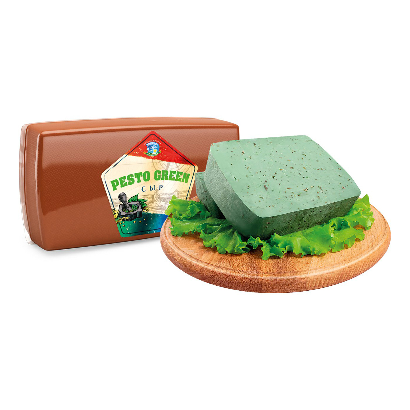 

Сыр полутвердый Новогрудские дары Pesto green с базиликом-чесноком 45%