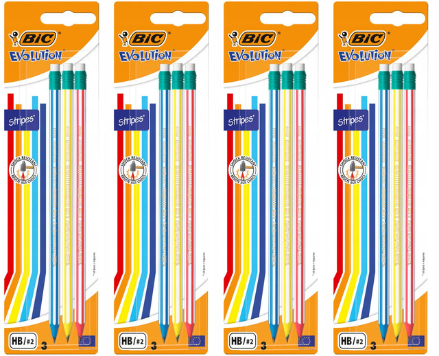 Карандаш BIC Evolution GRS29772s04, пластиковый, полоски и ластик, 3 штуки, 4 упаковки