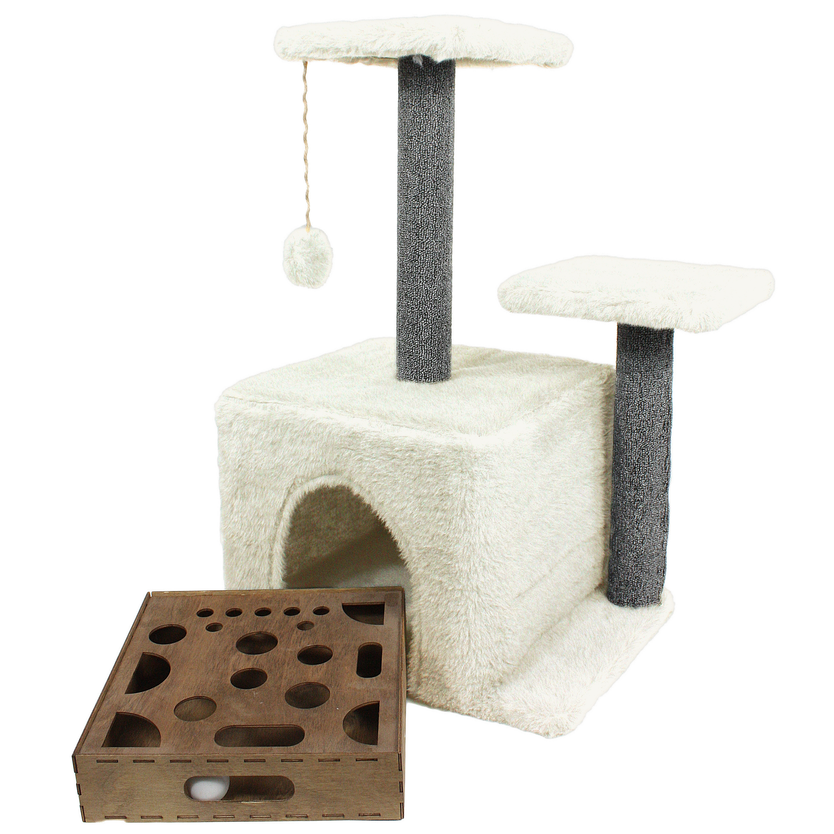 Когтеточка для кошек Меридиан с домиком и игрушкой, серый, ДСП, мех, ковролин, 45х47х75 см