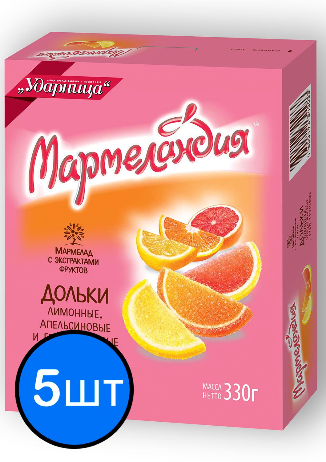 

Мармелад Апельсин, лимон, грейпфрут дольки "Ударница", 330г х 5шт