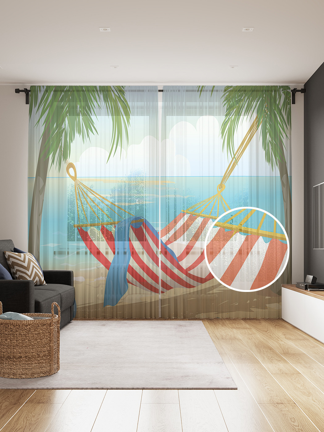 фото Фототюль joyarty "гамак под пальмами на пляже", 145x265см, 2 полотна, лента, 50 крючков