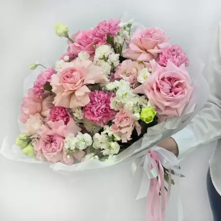 

Букет цветов, Талисман Флора, Большой розовый букет с розами, 40см x 40см, розовая, B2367, Большой розовый букет с пионовидными розами