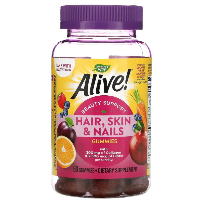 Alive! Hair, Skin & Nail Gummy 60ct, Hair, Skin & Nail Natures Way Alive! Gummy мармеладки 60 шт.  - купить