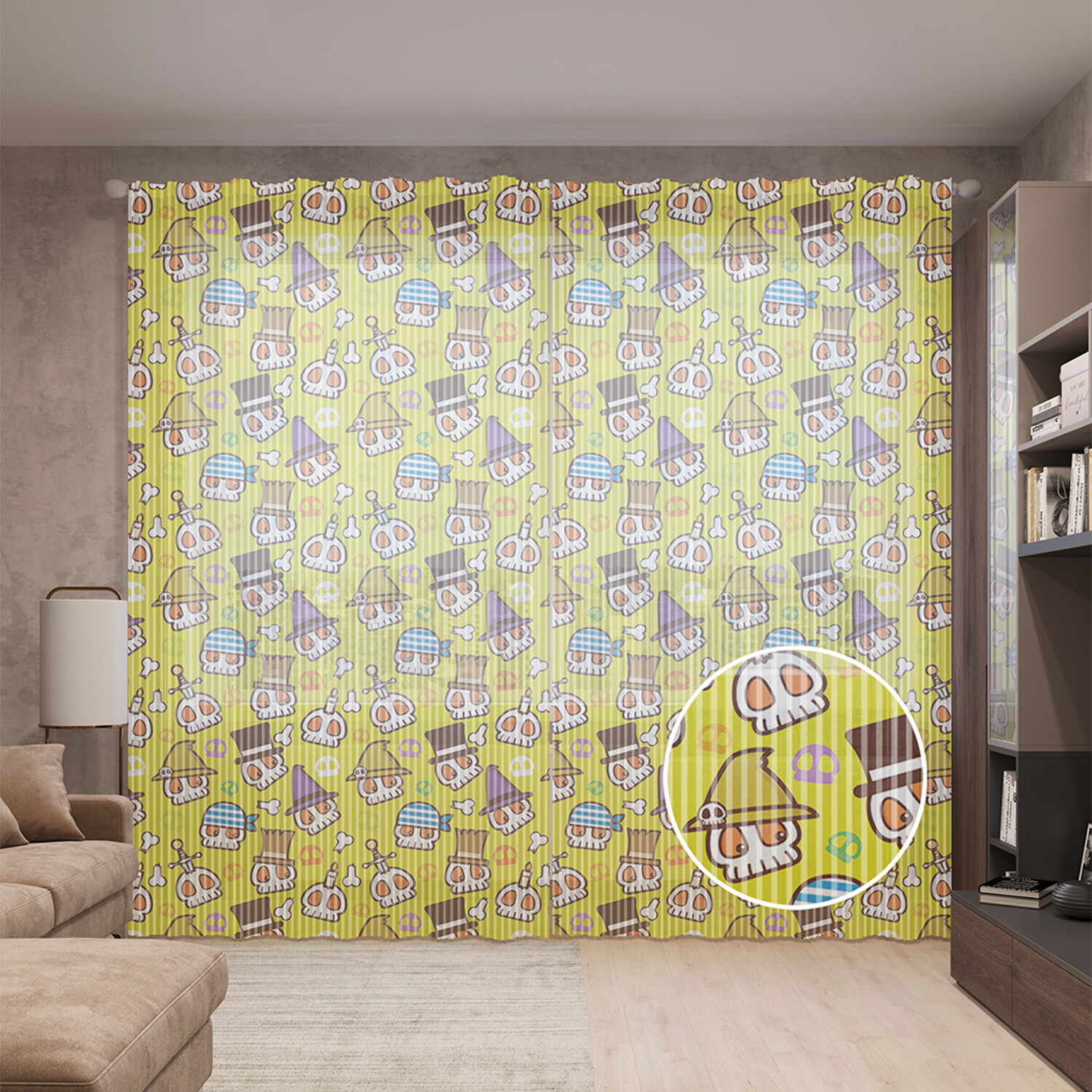 

Тюль вуаль на шторной ленте с принтом JoyArty "Черепа с головными уборами", 310х265 см, Черепа с головными уборами