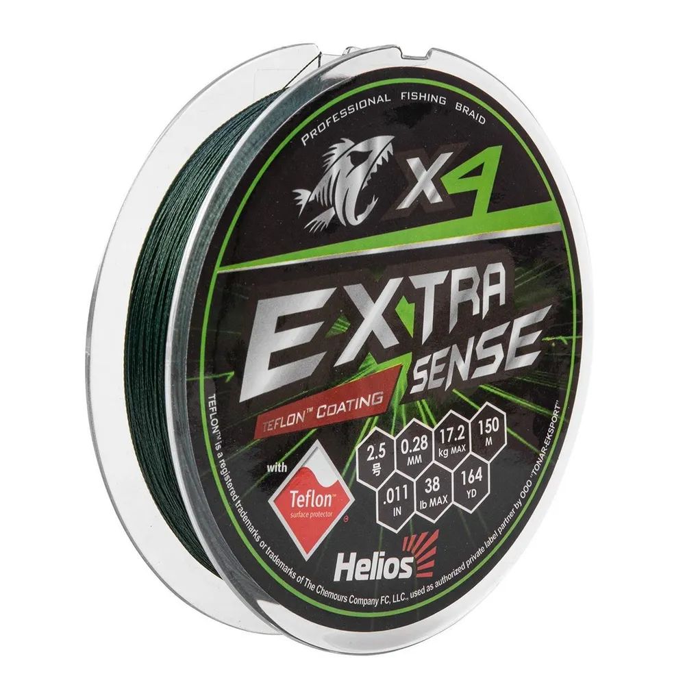 Шнур Extrasense X4 PE Green 150m 2.5/38LB 0.28mm HS-ES-X4-2.5/38LB Helios