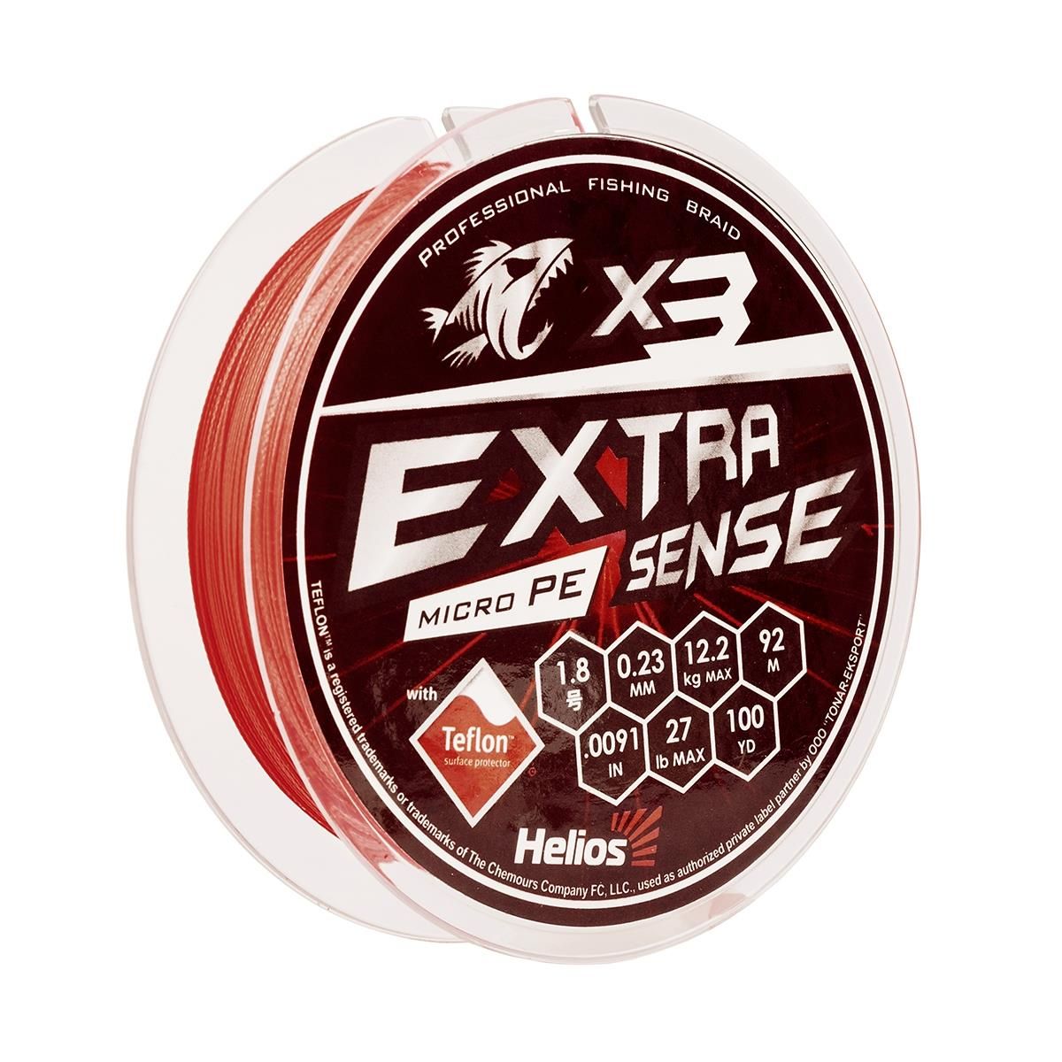 Шнур Extrasense X3 PE Red 92m 1.8/27LB 0.23mm HS-ES-X3-1.8/27LB Helios