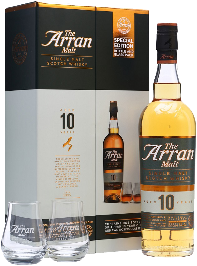 

Виски Arran 10 летней выдержки, в подарочной коробке c 2 стаканами