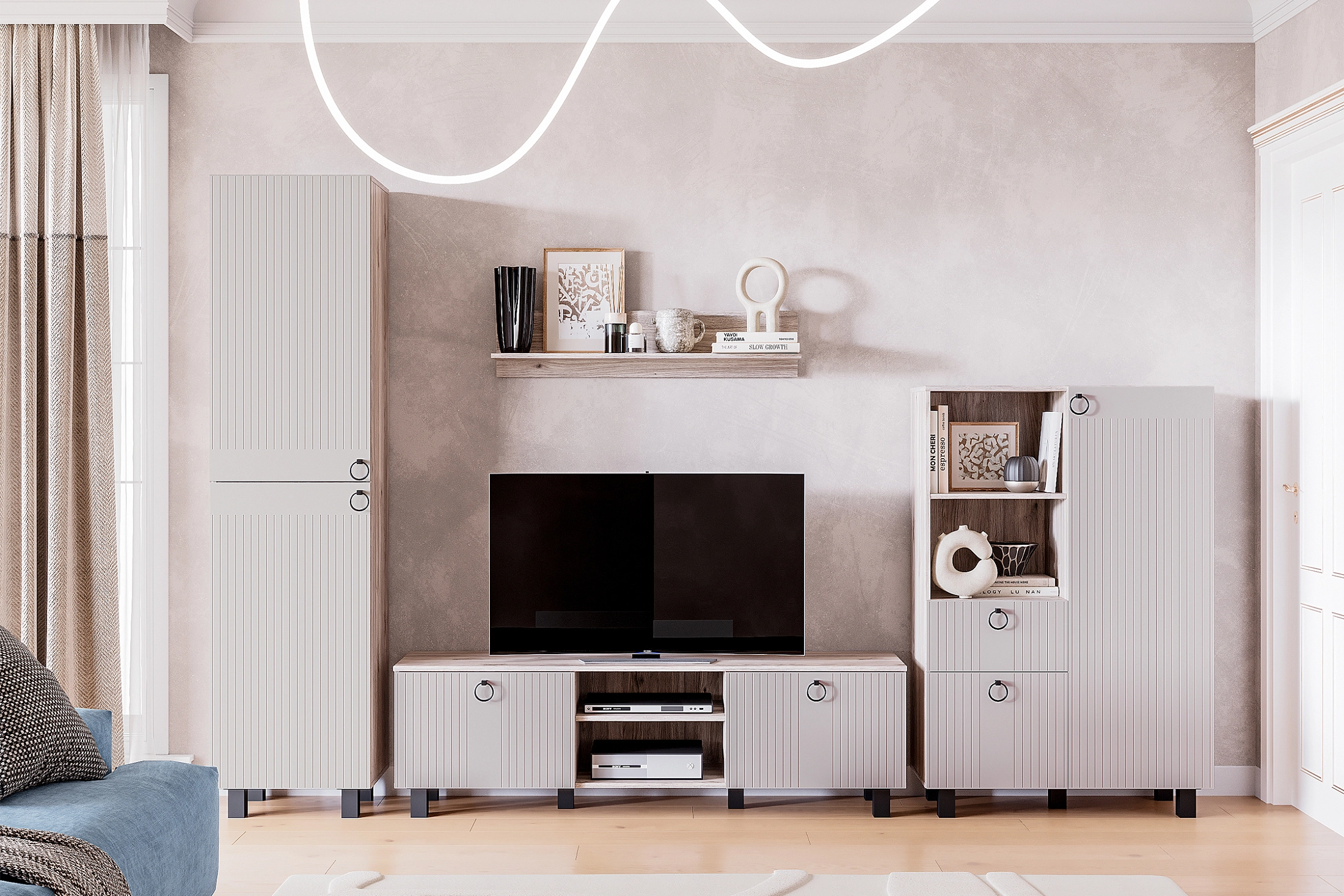 Гостиная Нонтон Флорель с глухим пеналом Дуб смокиСветло-серый 27390₽