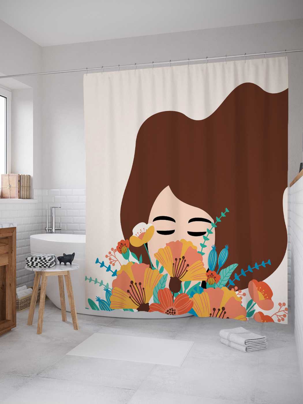 

Штора (занавеска) для ванной JoyArty "Девушка с букетом" из сатена, 180х200 см с крючками, Желтый, Девушка с букетом