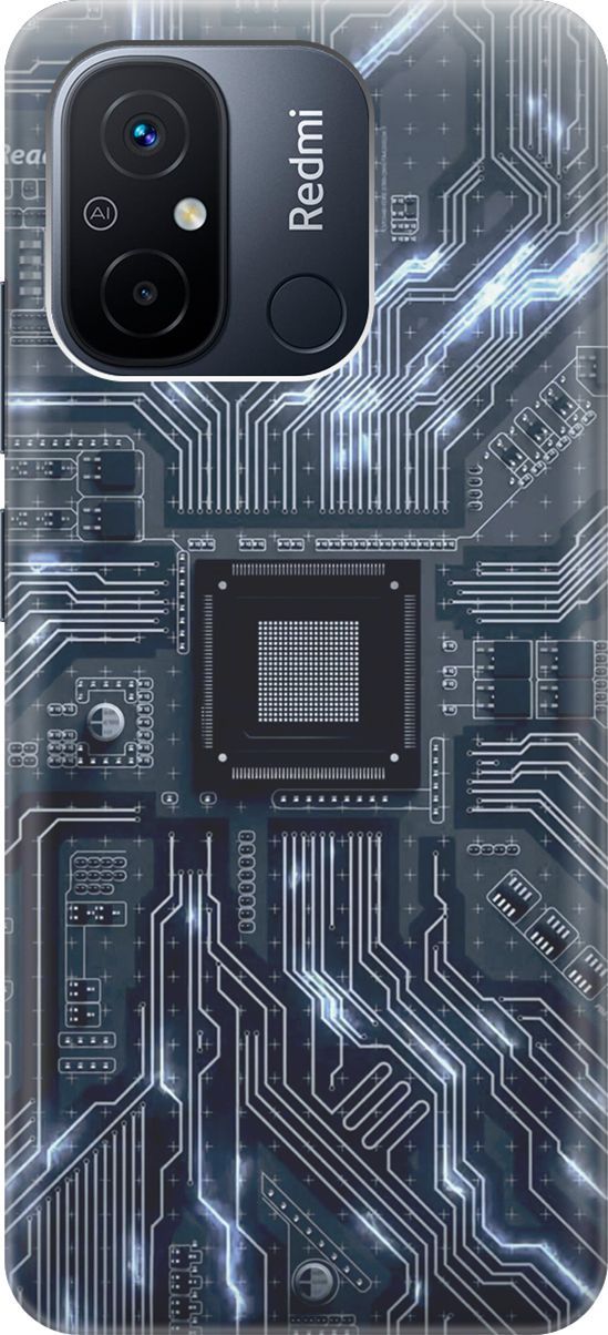 

Силиконовый чехол на Xiaomi Redmi 12C с принтом "Синяя микросхема", Белый;серый, 158929
