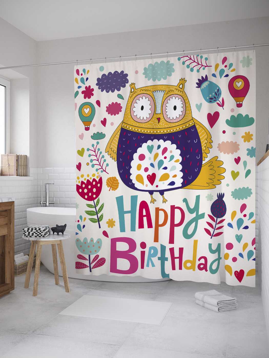 

Штора (занавеска) для ванной JoyArty "День рождения совы" из сатена, 180х200 см с крючками, Синий, День рождения совы