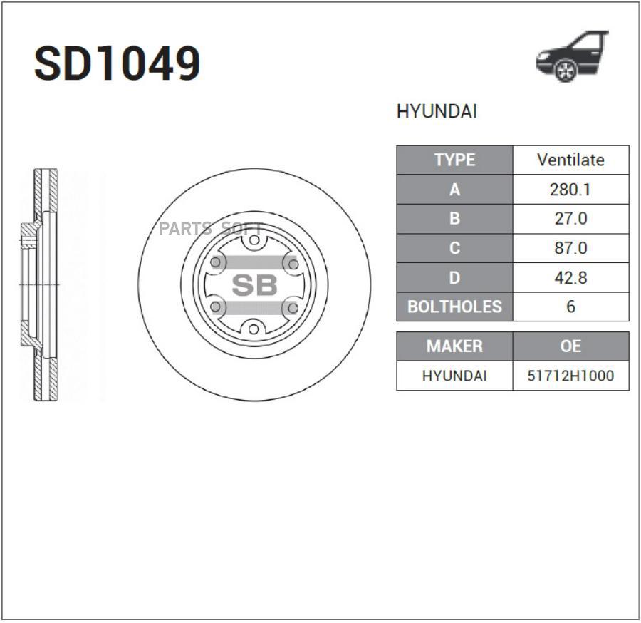

Диск тормозной передний HYUNDAI TERRACAN 01-06 SD1049 SANGSINBRAKE, SD1049