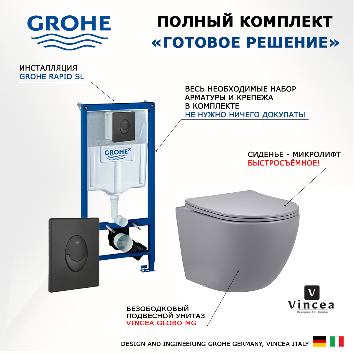 

Комплект: инсталляция Grohe Rapid SL + унитаз Globo + кнопка черная