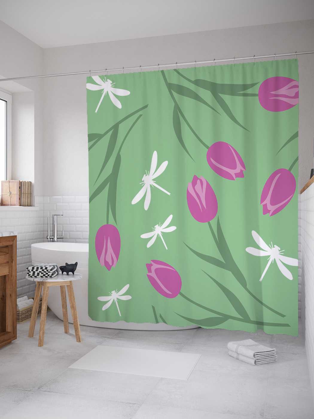 

Штора для ванной JoyArty "Цветочный узор со стрекозами" из сатена, 180х200 см с крючками, Голубой, Цветочный узор со стрекозами